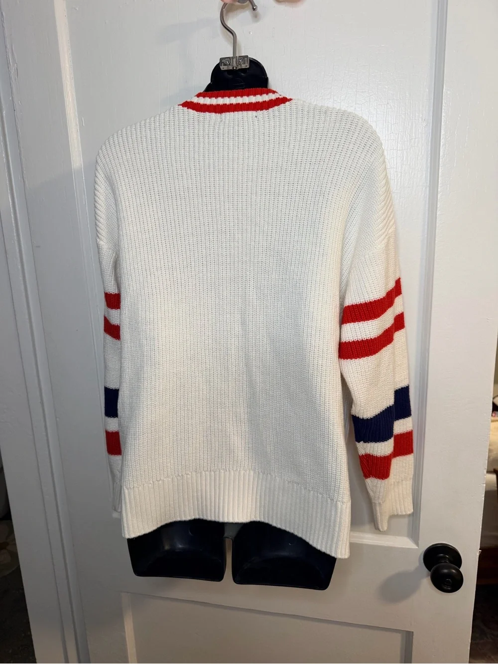 Saks Fifth Avenue Cream Cardigan Sweater with Red & Navy Stripes